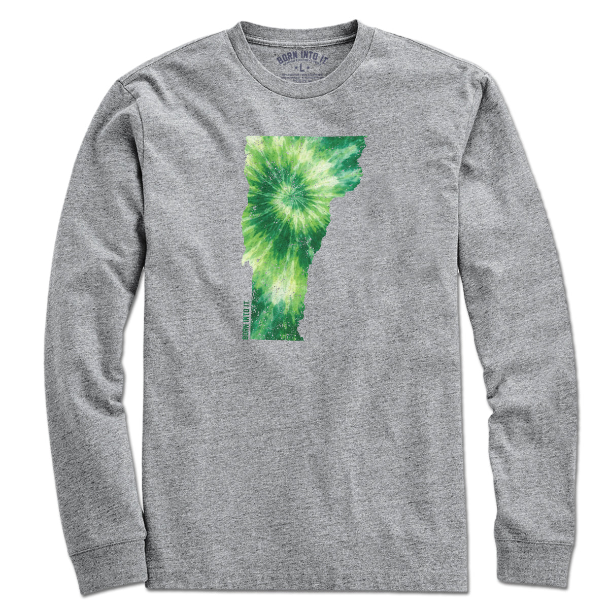 Born Into It Vermont State tie-dye T-shirt in gray, casual cotton T-shirt with vibrant Vermont map design.