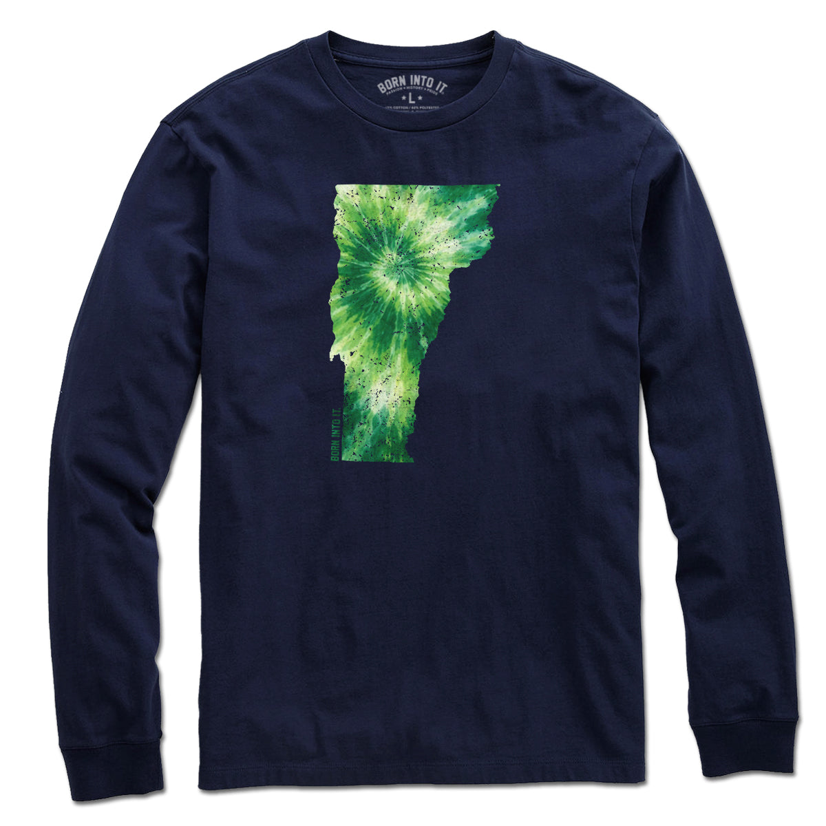 Born Into It Vermont State tie-dye T-shirt featuring vibrant colors and a relaxed fit, displayed flat on a white background.