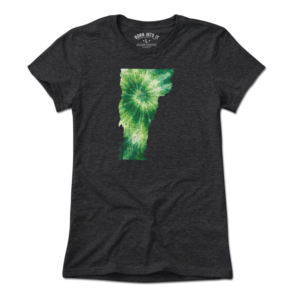 Born Into It Vermont State tie-dye T-shirt with colorful, swirling pattern and relaxed fit, perfect for casual wear.