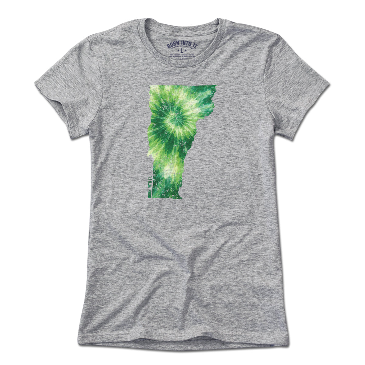 Born Into It Vermont State tie dye T-shirt in light gray with vibrant tie dye pattern, casual and comfortable unisex design.