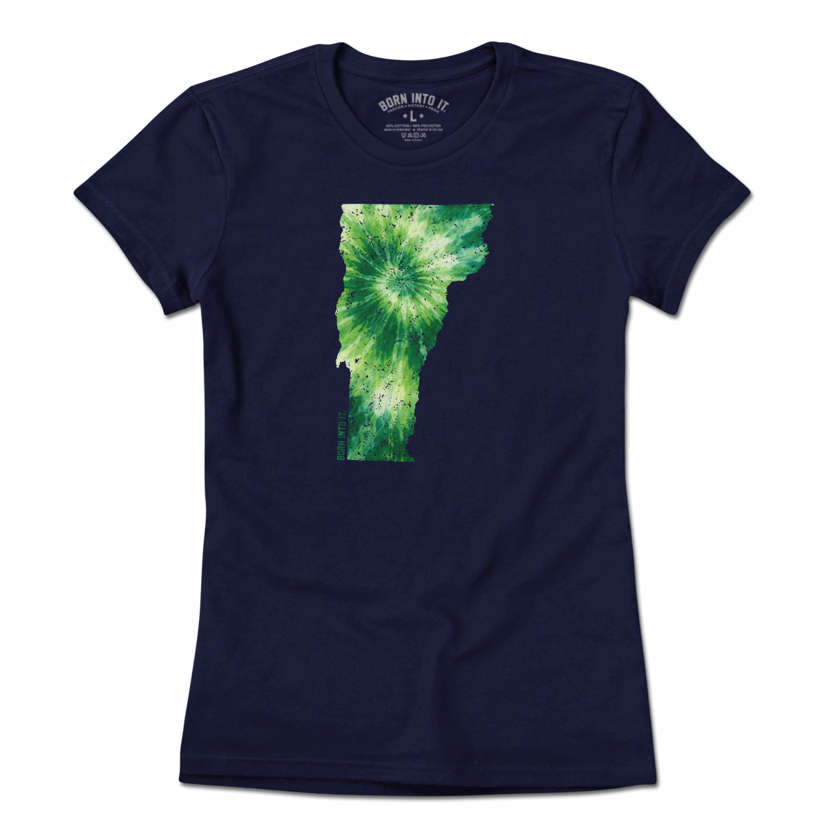 Born Into It Vermont State tie dye T-shirt, soft cotton, vibrant colors, casual fit, featuring Vermont map design on front.