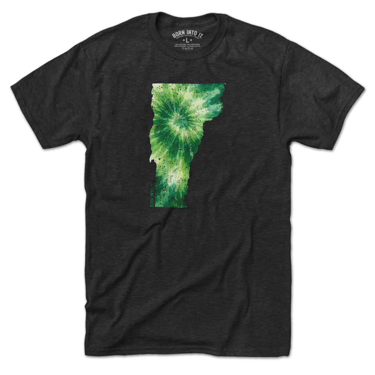 Born Into It Vermont State tie dye T-shirt featuring vibrant colors and a relaxed fit, perfect for casual wear.