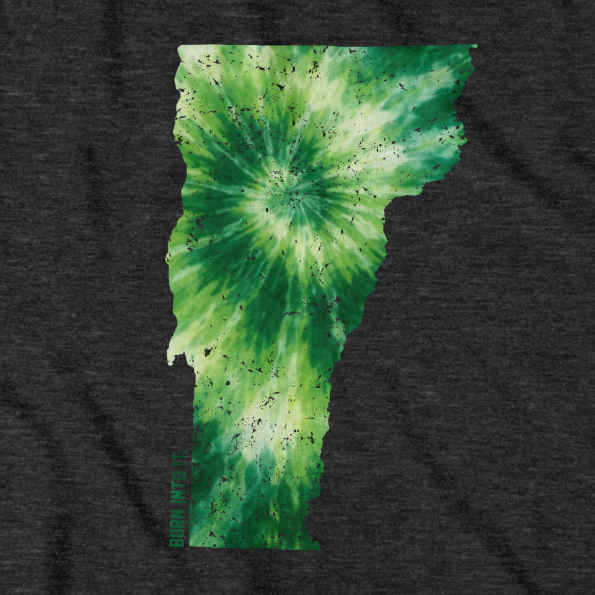 Vermont State tie-dye T-shirt by Born Into It featuring vibrant colors and a casual fit, displayed on a hanger.