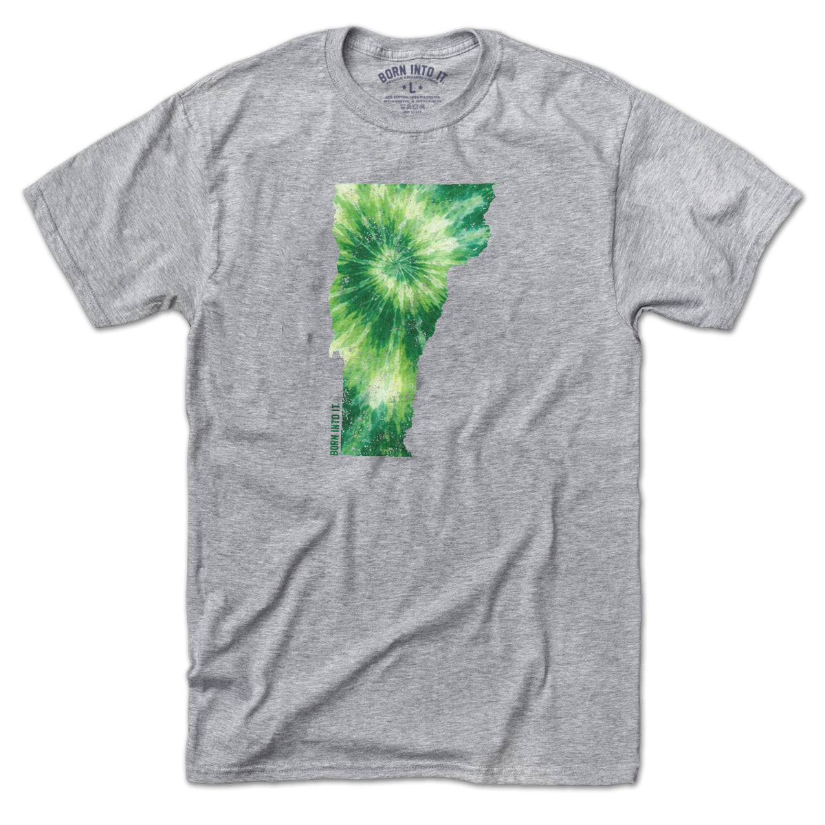 Born Into It Vermont State tie-dye T-shirt in gray featuring colorful Vermont map design, casual unisex graphic T-shirt.