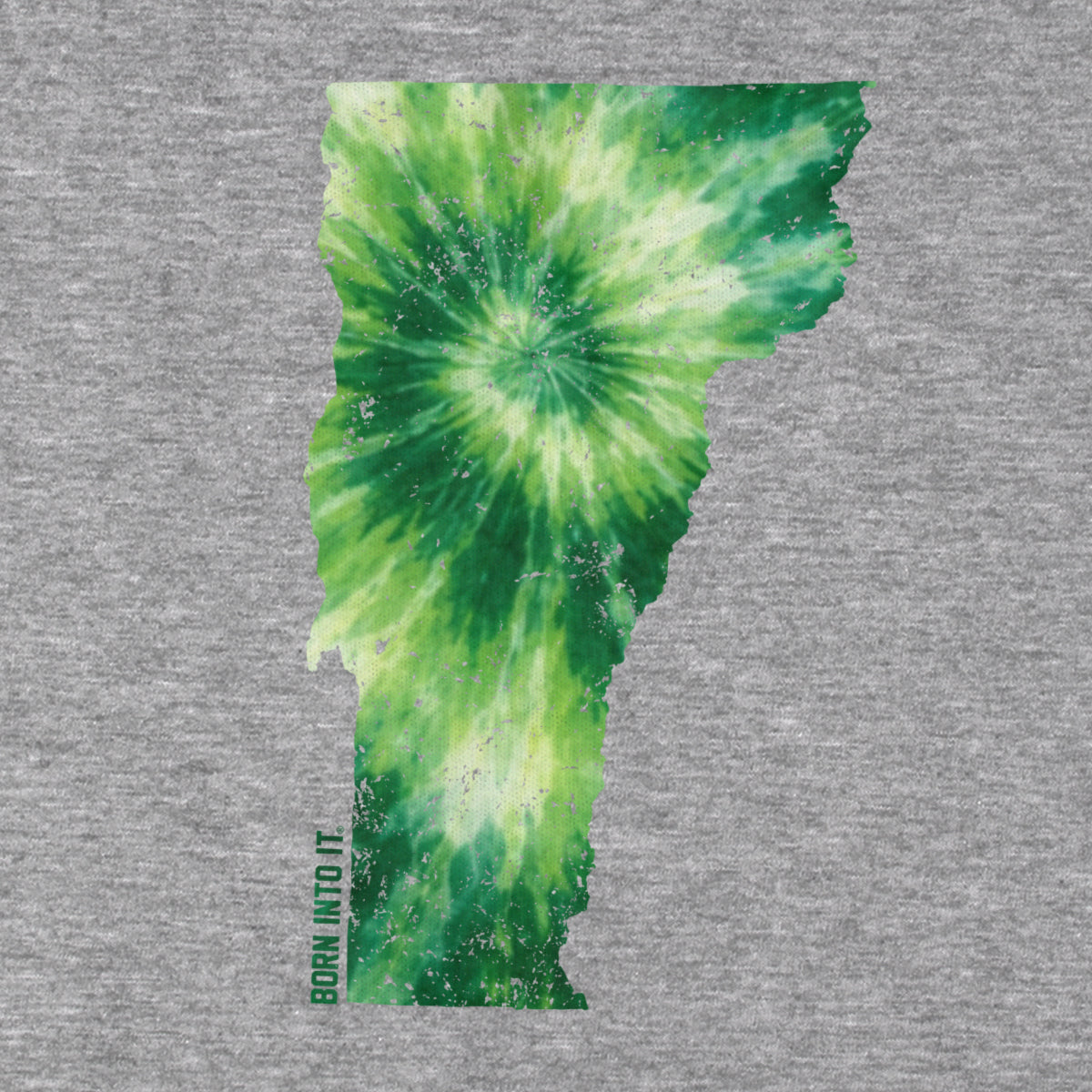 Born Into It Vermont State tie-dye T-shirt featuring a colorful Vermont map design on soft fabric.