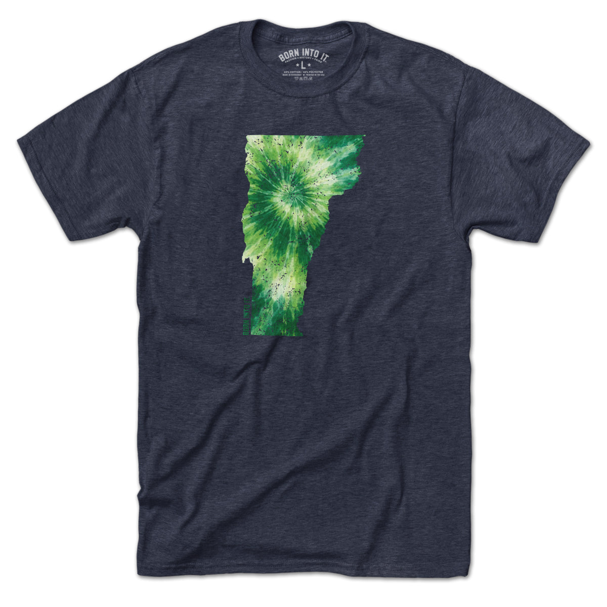 Vermont State tie-dye T-shirt by Born Into It featuring vibrant colors and a relaxed fit, displayed flat.