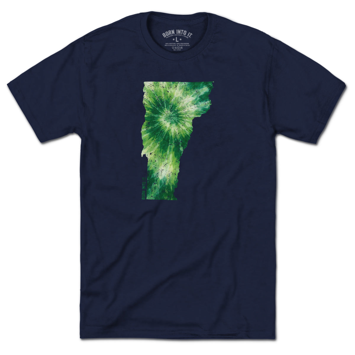 Vermont State tie dye T-shirt by Born Into It, featuring vibrant Vermont map design on soft cotton fabric.