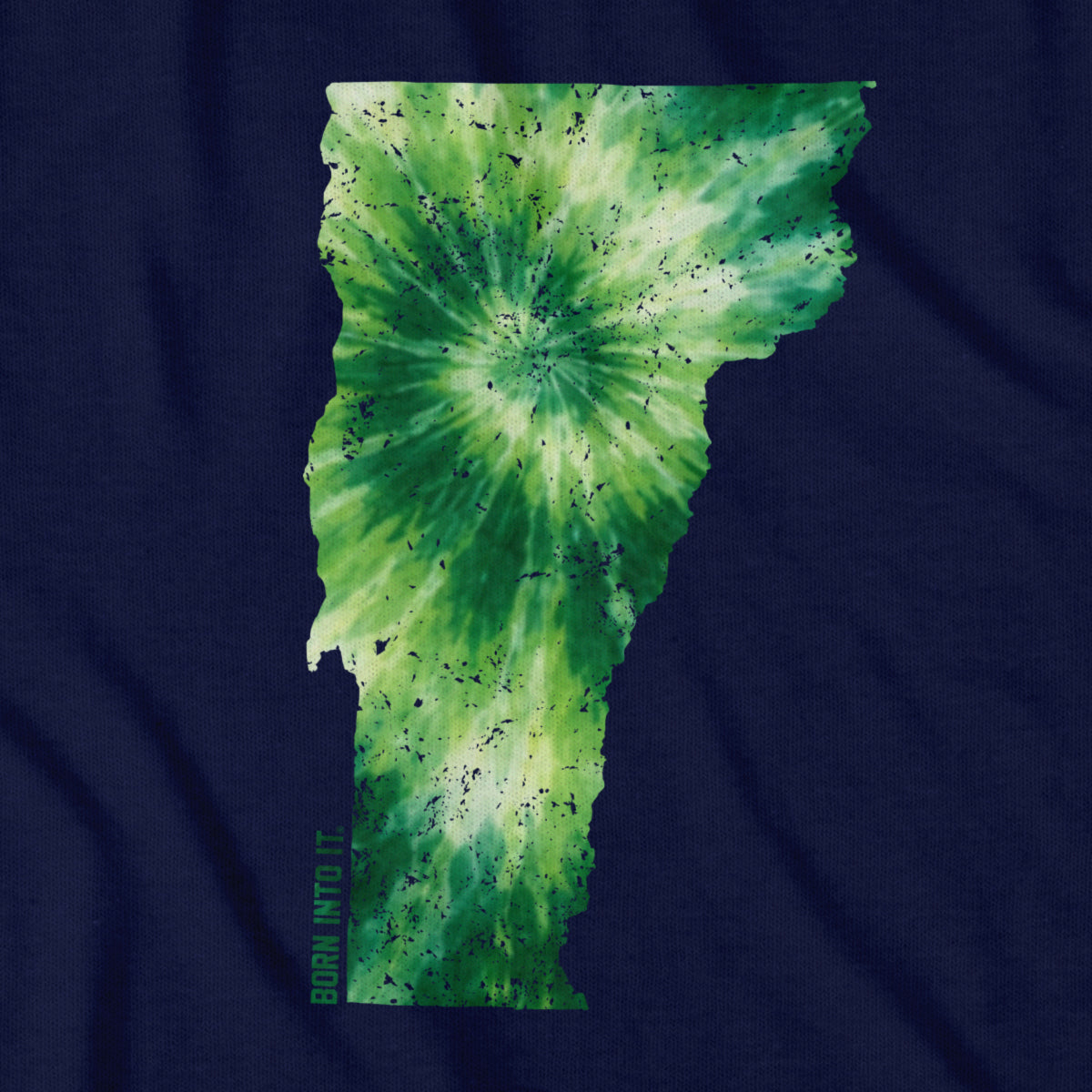 Vermont State tie-dye T-shirt by Born Into It featuring vibrant multicolored Vermont map design on soft cotton fabric.