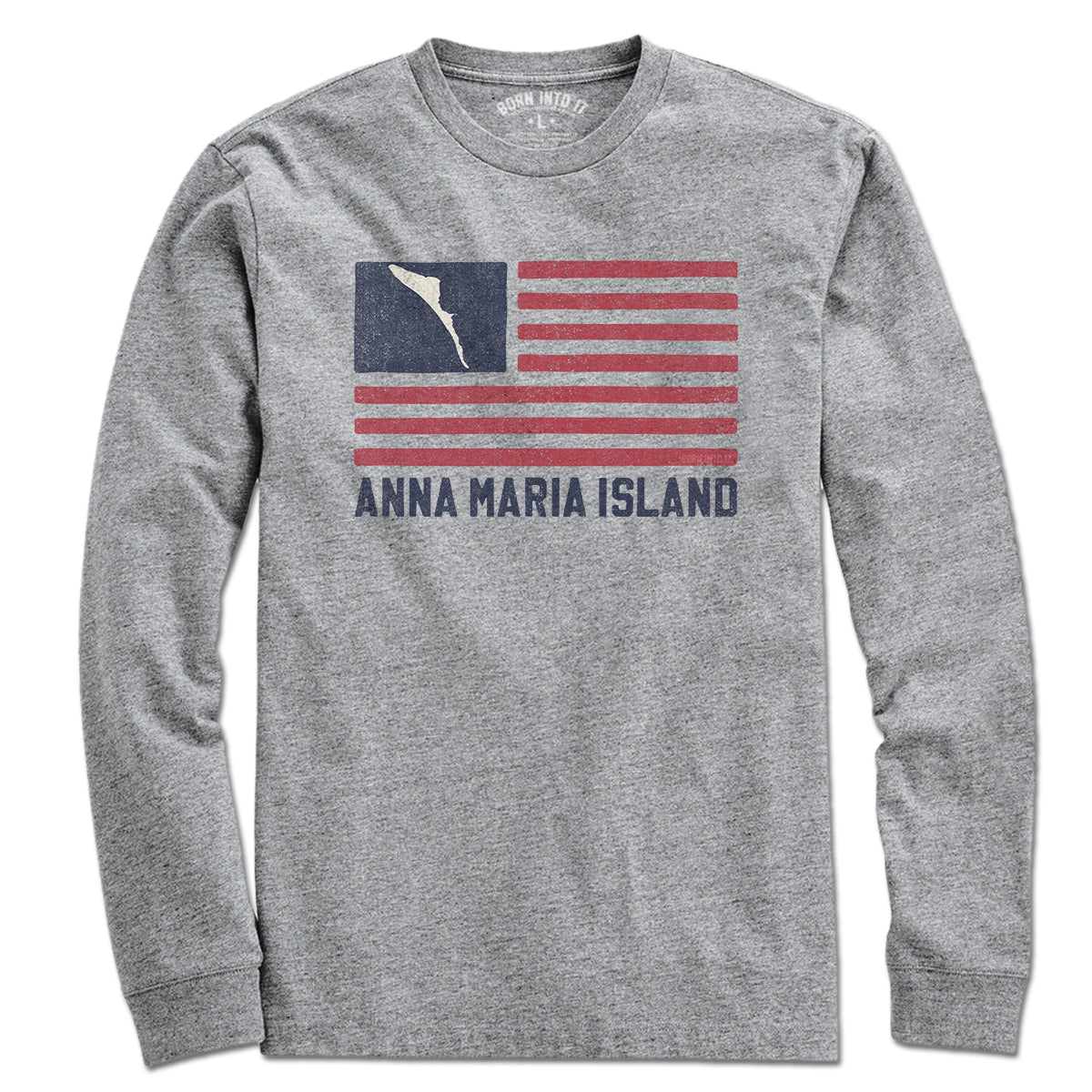 Born Into It Anna Maria Island striped flag T-shirt in gray, featuring a casual fit with nautical-inspired design.