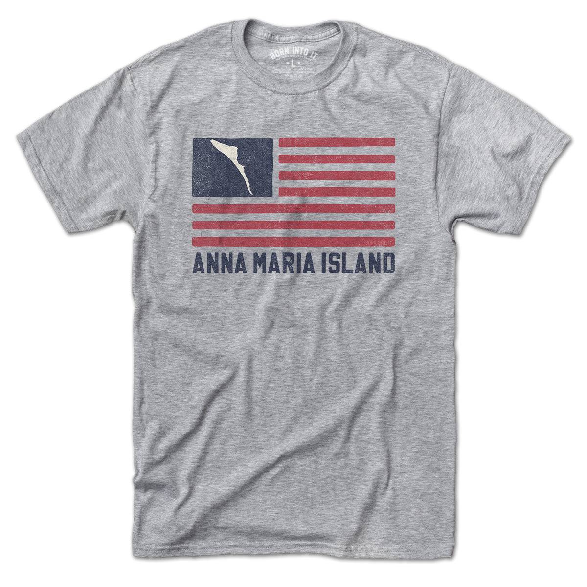 Born Into It Anna Maria Island striped flag T-shirt, gray color, soft fabric, casual fit, featuring island-themed flag design.