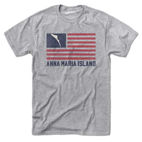 Born Into It Anna Maria Island striped flag T-shirt, gray color, soft fabric, casual fit, featuring island-themed flag design.