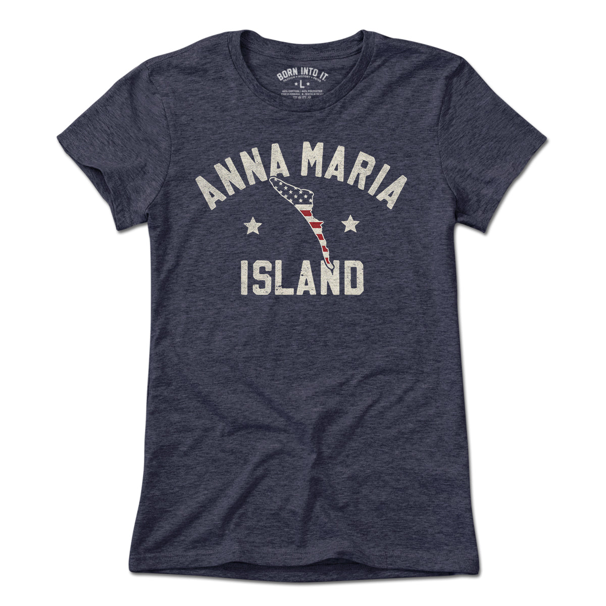 Born Into It Anna Maria Island Keystar Arch T-shirt in light heather, featuring a colorful island and keystar arch graphic.