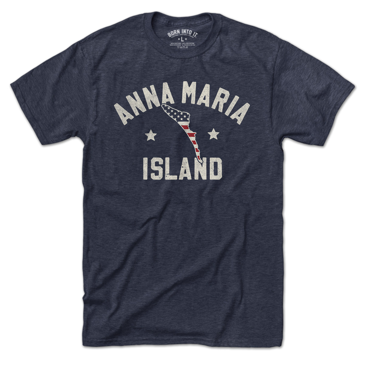 Born Into It Anna Maria Island Keystar Arch T-shirt in white, featuring a colorful island and keystar graphic on the front.