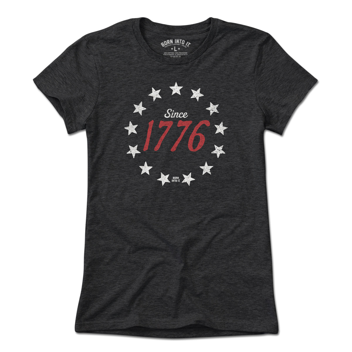 Light blue 1776 Stardom T-shirt by Born Into It featuring patriotic USA design, laid flat on a white background.