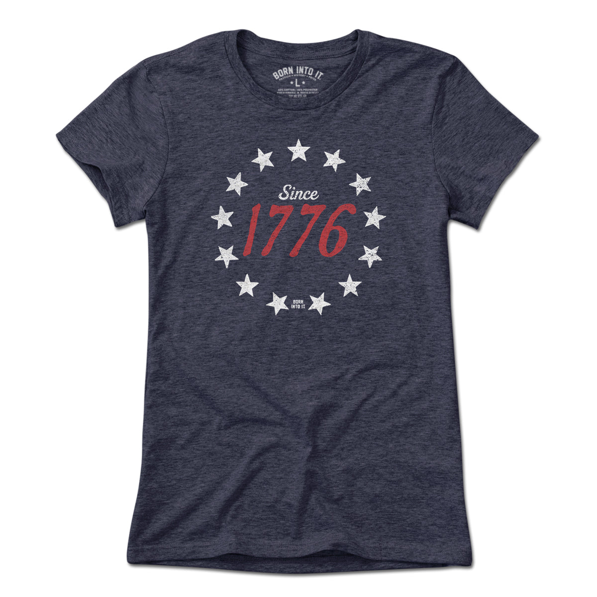 Born Into It 1776 Stardom T-shirt in light heather blue with patriotic design, casual crew neck style, front view.