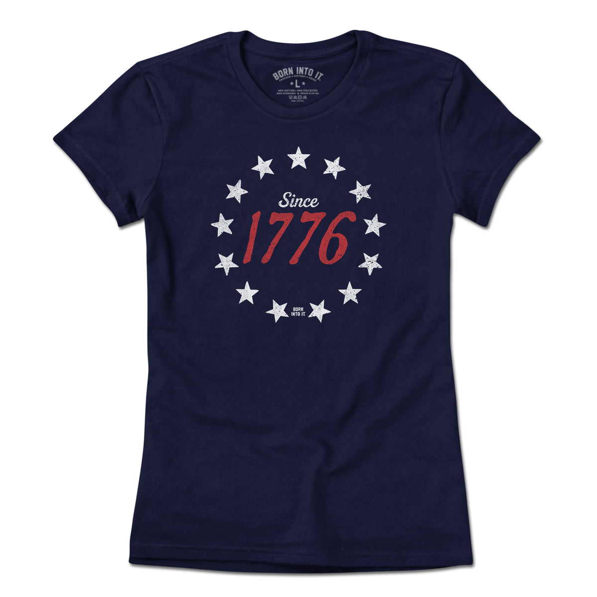 Light blue Born Into It 1776 Stardom T-shirt featuring a New York-themed design, laid flat on a white background.
