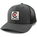 Born Into It Cleveland The Land Town Square classic snapback trucker hat with embroidered logo on front, adjustable mesh back.