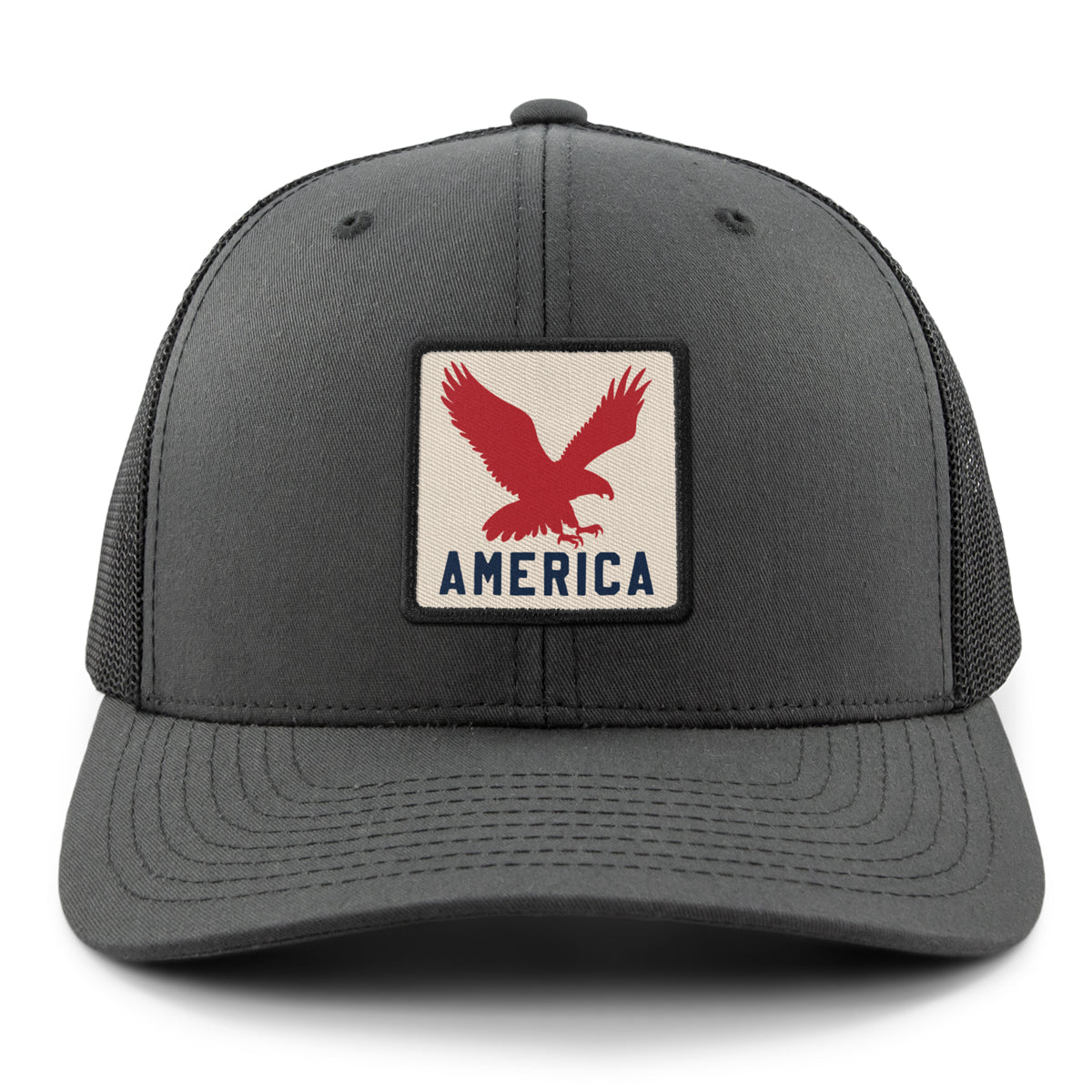 Born Into It America Eagle Town Square Classic Snapback Trucker Hat showing front view with structured brim and adjustable snapback closure.