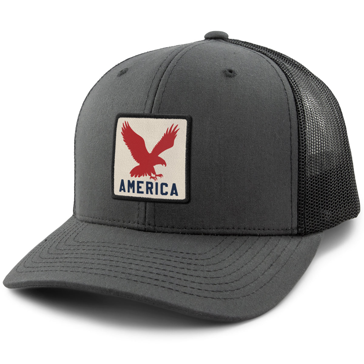 Born Into It America Eagle Town Square Snapback Trucker Hat, navy blue with front logo patch and mesh back for ventilation.