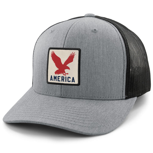Born Into It America Eagle Town Square classic snapback trucker hat with gray front panel and mesh back, casual and stylish headwear.