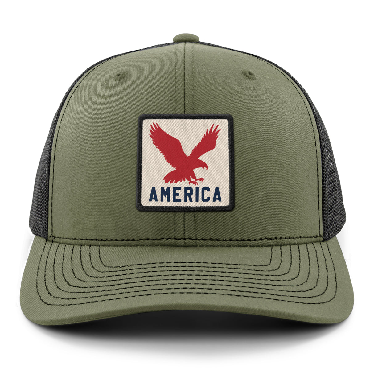 Born Into It America Eagle Town Square classic snapback trucker hat, front view showing mesh back and embroidered logo.