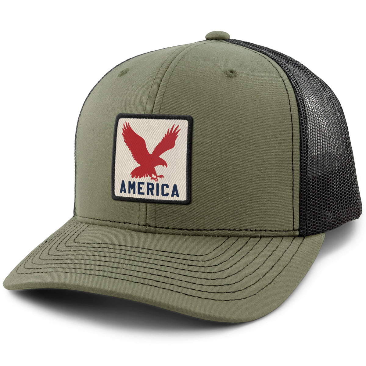 Born Into It America Eagle Town Square classic snapback trucker hat with USA flag embroidery and mesh back, adjustable fit.