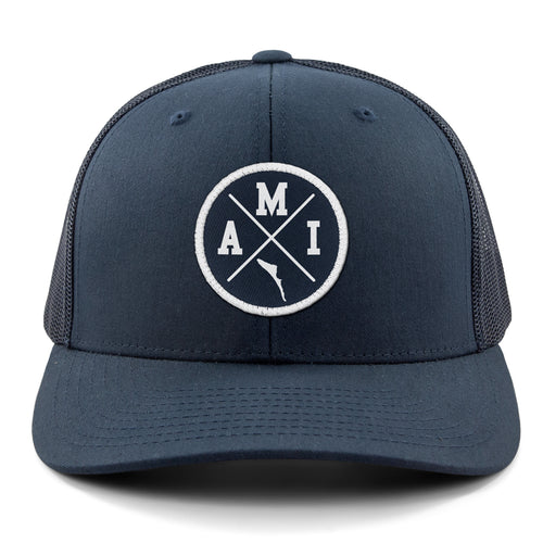 Born Into It Anna Marie Island Crossroads classic snapback trucker hat, front view showing embroidered logo and structured crown.