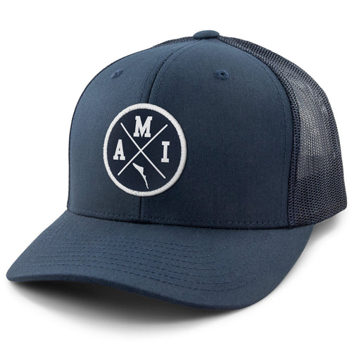 Born Into It Anna Marie Island Crossroads snapback trucker hat with embroidered logo and adjustable snap closure, stylish and casual.
