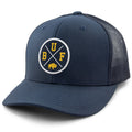 Born Into It Buffalo Gold Bison Crossroads snapback trucker hat featuring a bold buffalo logo and classic mesh back design.