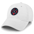Born Into It Cleveland Ohio Crossroads dad hat in white, casual unisex hat featuring embroidered design on front.