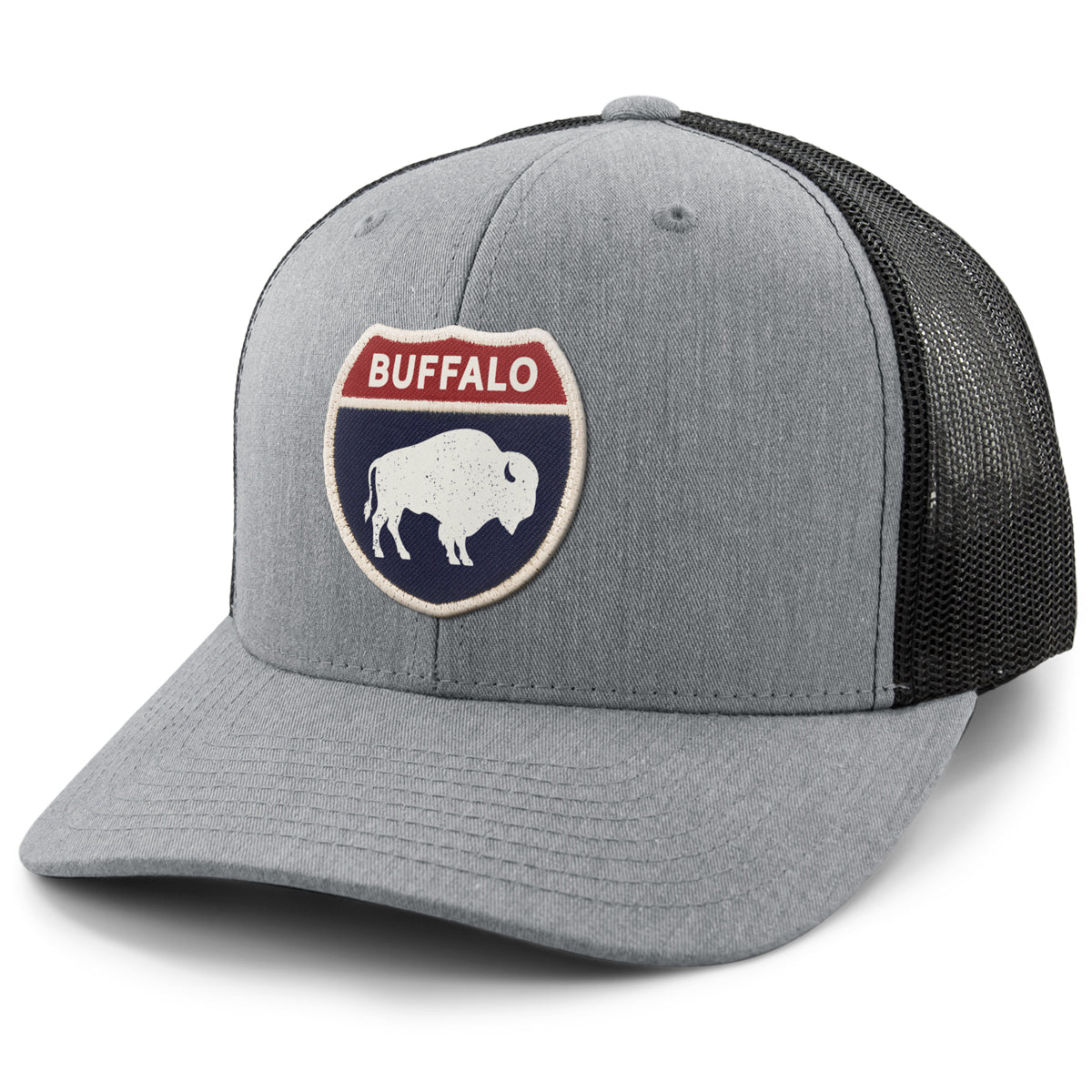 Born Into It Buffalo Interstate Sign classic snapback trucker hat with gray front panel and structured brim.