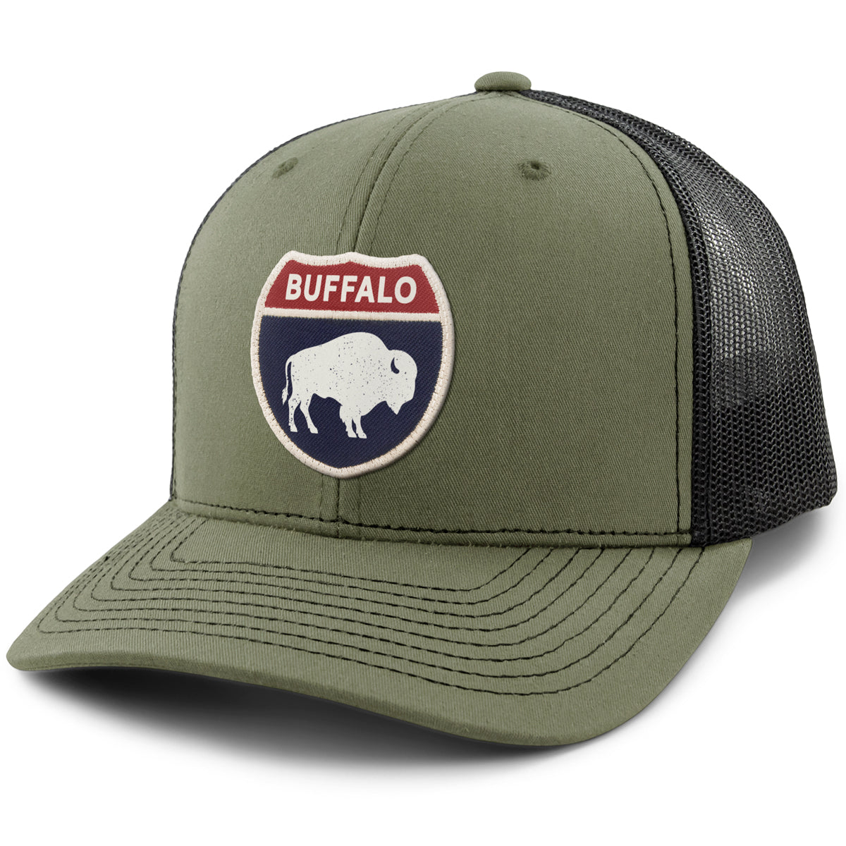 Born Into It Buffalo Interstate Sign classic snapback trucker hat with embroidered patch, gray and black design, adjustable fit.