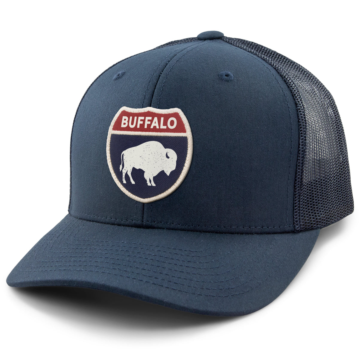 Born Into It Buffalo Interstate Sign snapback trucker hat featuring classic design and adjustable strap.