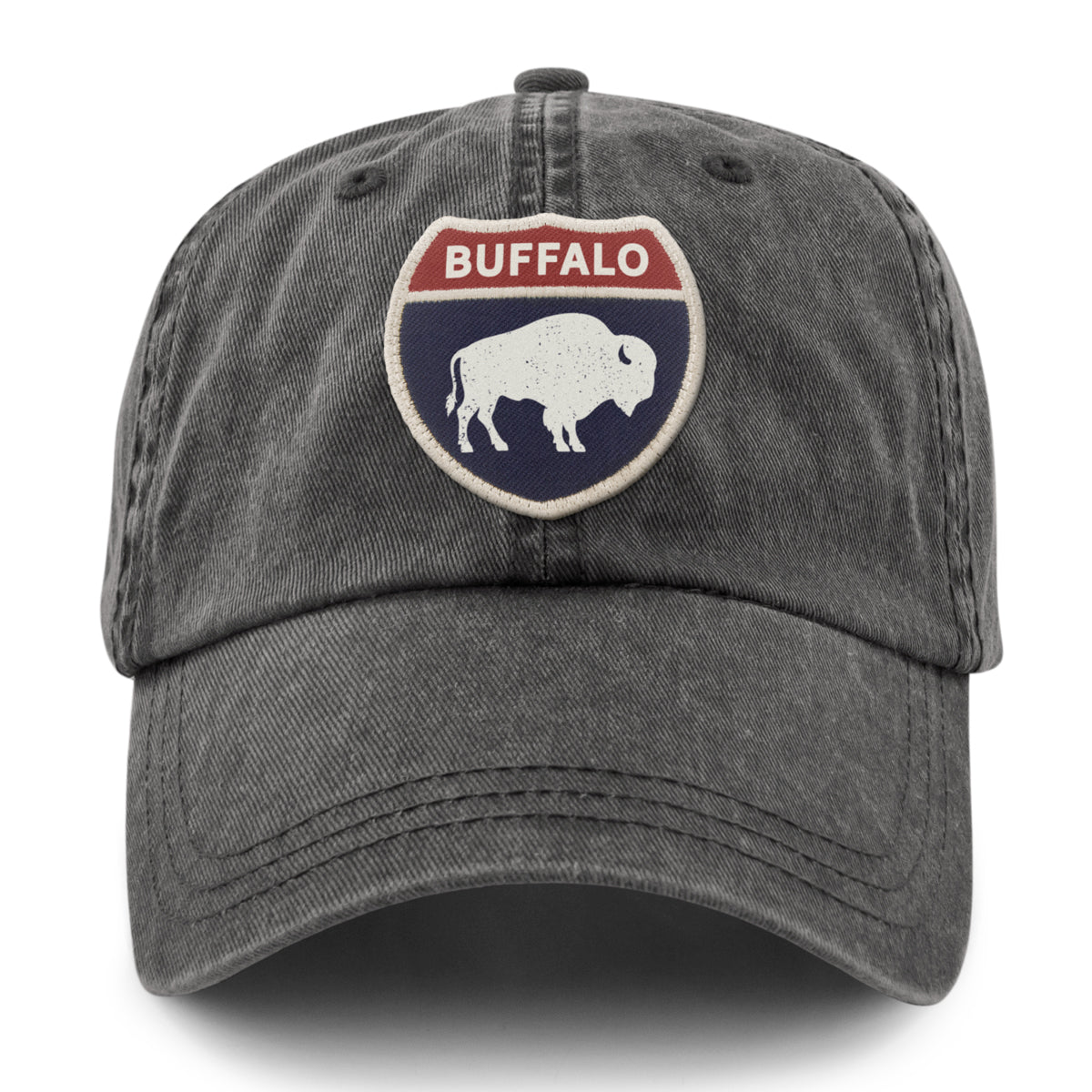 Born Into It Buffalo Interstate Sign Dad Hat, stylish cap with embroidered Buffalo Interstate sign design on front.