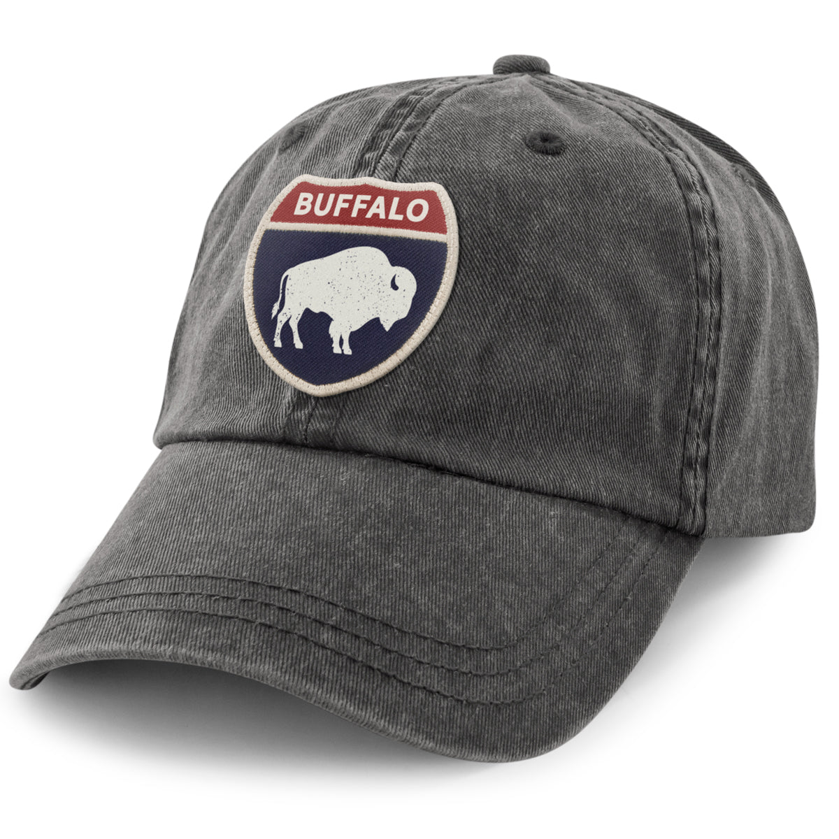 Born Into It Buffalo Interstate Sign Dad Hat, casual men's hat with stitched logo patch, adjustable strap, and distressed denim look.