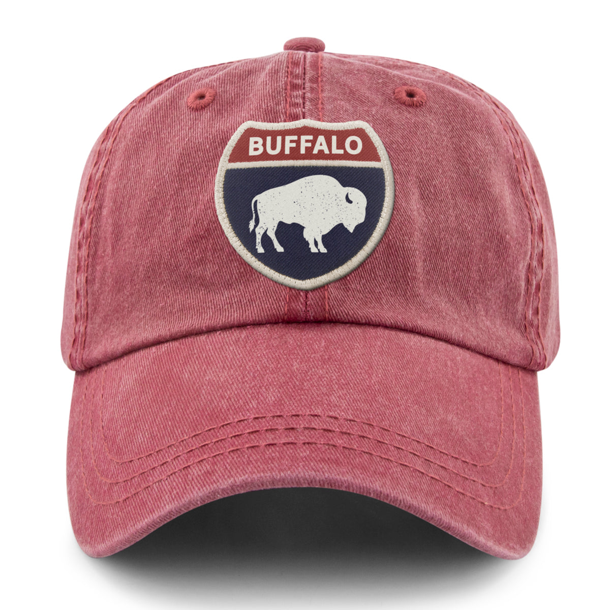 Born Into It Buffalo Interstate Sign Dad Hat, casual hat with embroidered interstate sign design, front view.