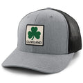 Born Into It Cleveland Shamrock Town Square snapback trucker hat with gray front panel and mesh back, classic style.