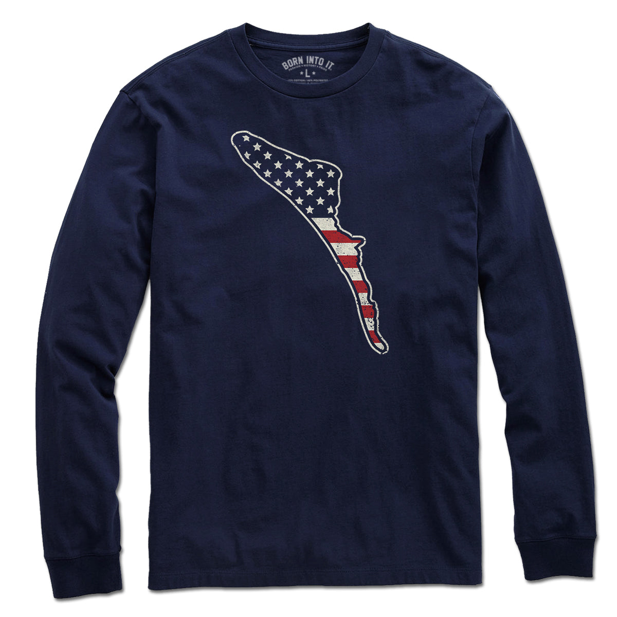 Born Into It Anna Maria Island Stars & Stripes T-shirt featuring patriotic star and stripe design, laid flat for display.