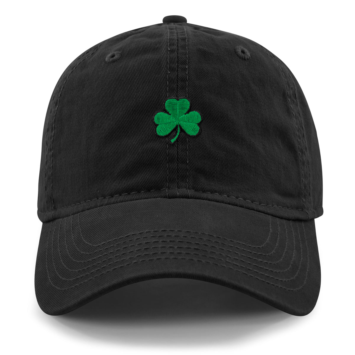 Born Into It Mini Shamrock Dad Hat in black, front view with embroidered shamrock detail