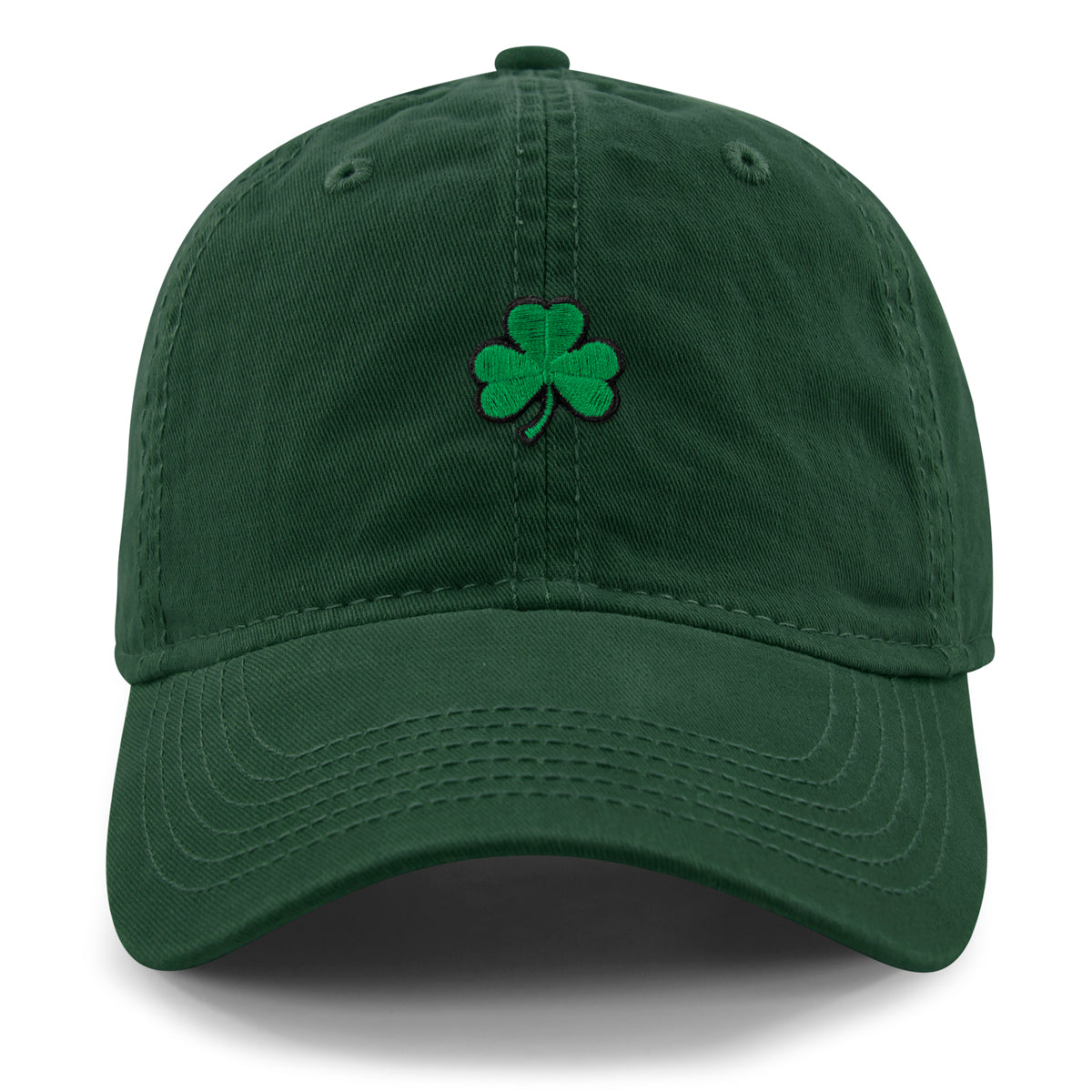 Born Into It mini shamrock dad hat in dark green, front view