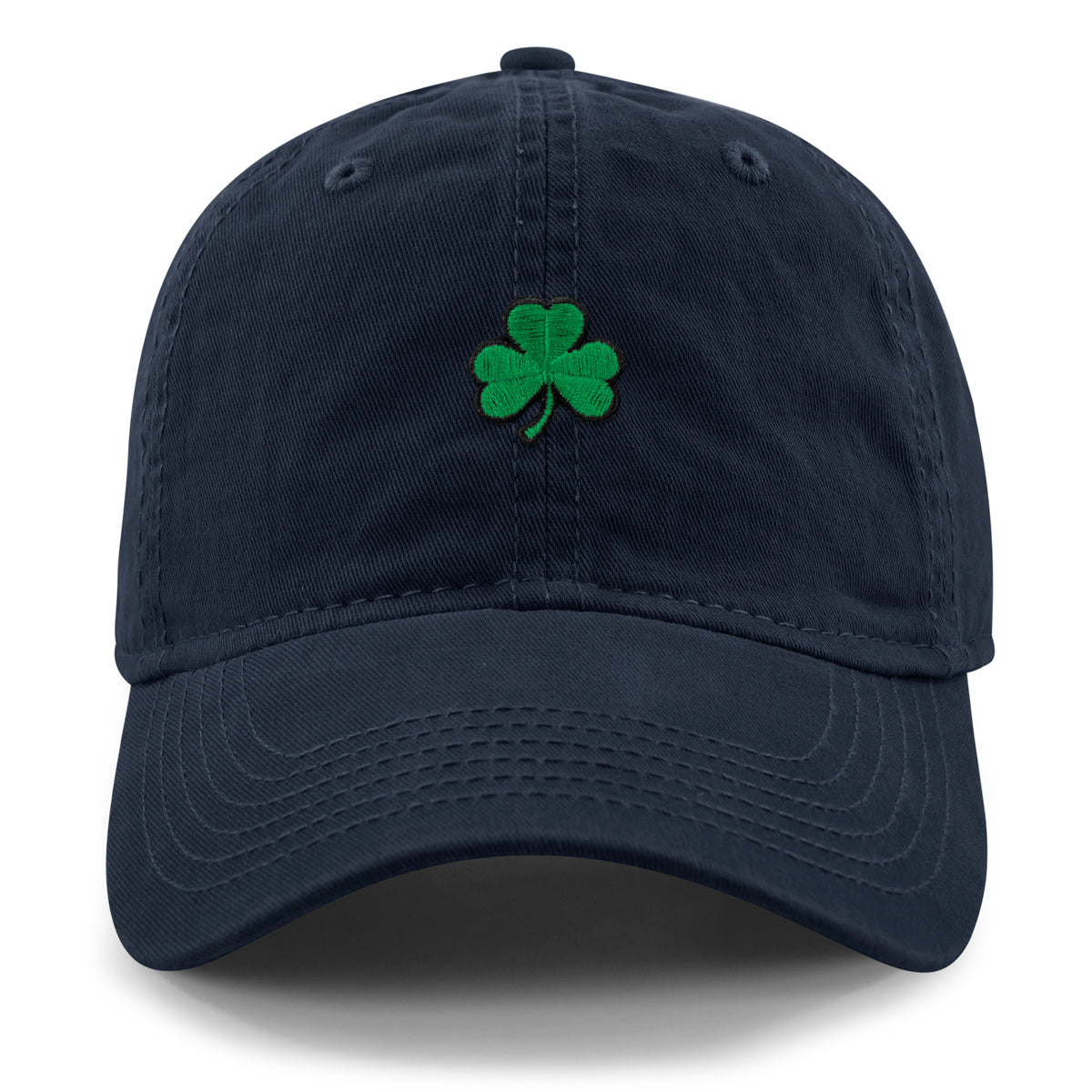 Born Into It Mini Shamrock Dad Hat in navy, front view with embroidered shamrock design