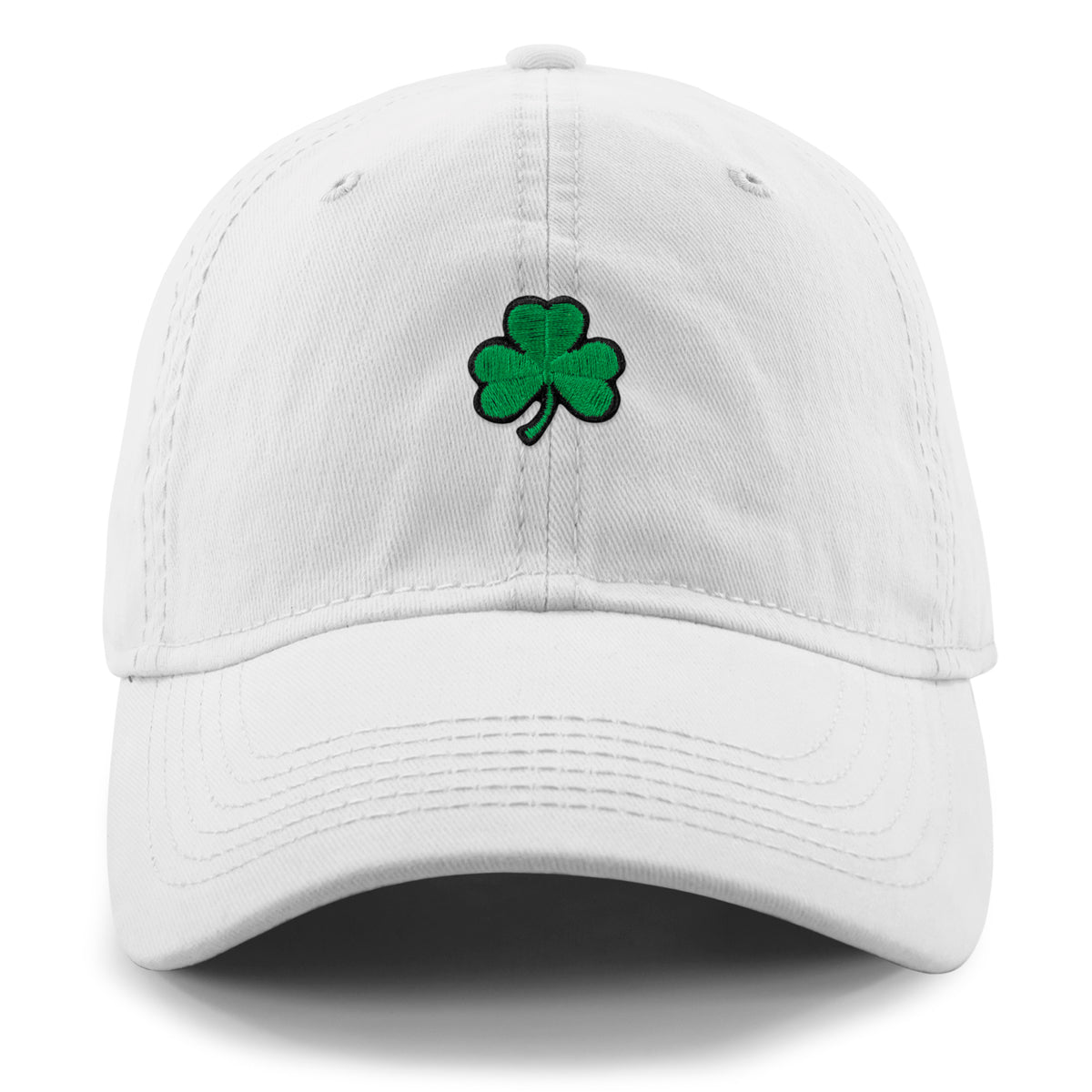 Born Into It Mini Shamrock Dad Hat in white, front view with embroidered shamrock design