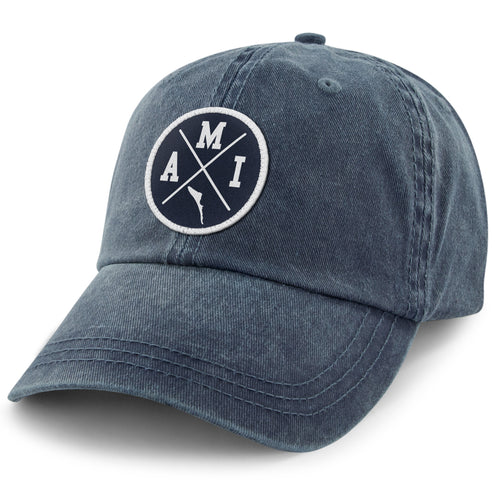 Born Into It Anna Maria Island Crossroads dad hat, casual cotton hat with curved brim and adjustable strap, in neutral color.