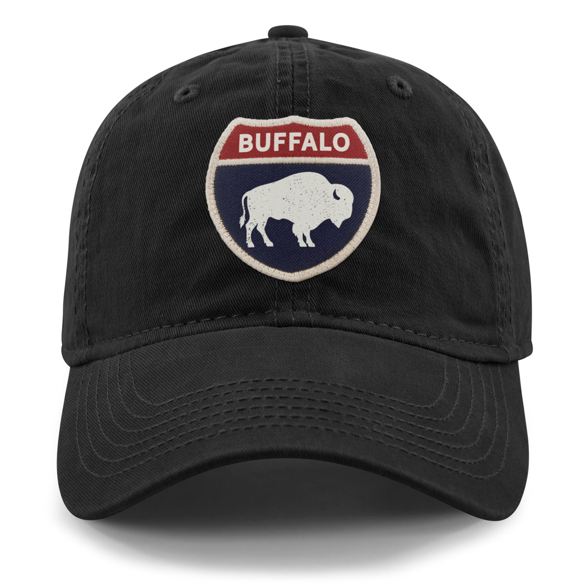 Black Buffalo Interstate Sign Dad Hat by Born Into It featuring front embroidery and adjustable strap.