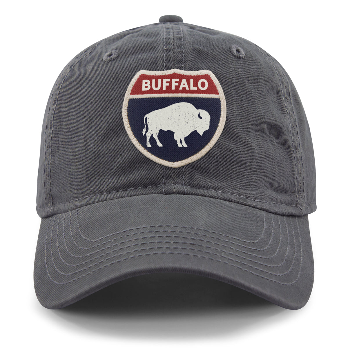 Born Into It Buffalo Interstate Sign Dad Hat, front view showing adjustable strap and embroidered logo on casual hat.
