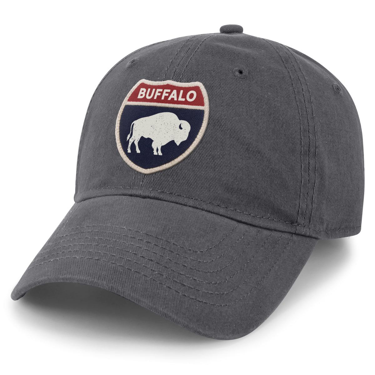 Born Into It Buffalo Interstate Sign Dad Hat, adjustable hat with distressed design and embroidered Buffalo sign logo.