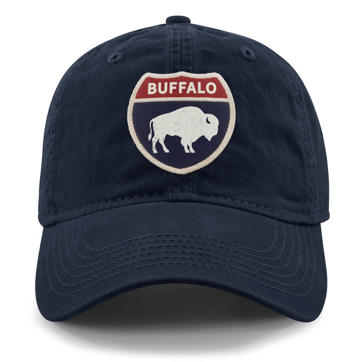 Born Into It Buffalo Interstate Sign Dad Hat, stylish hat with front graphic design, casual accessory for everyday wear.