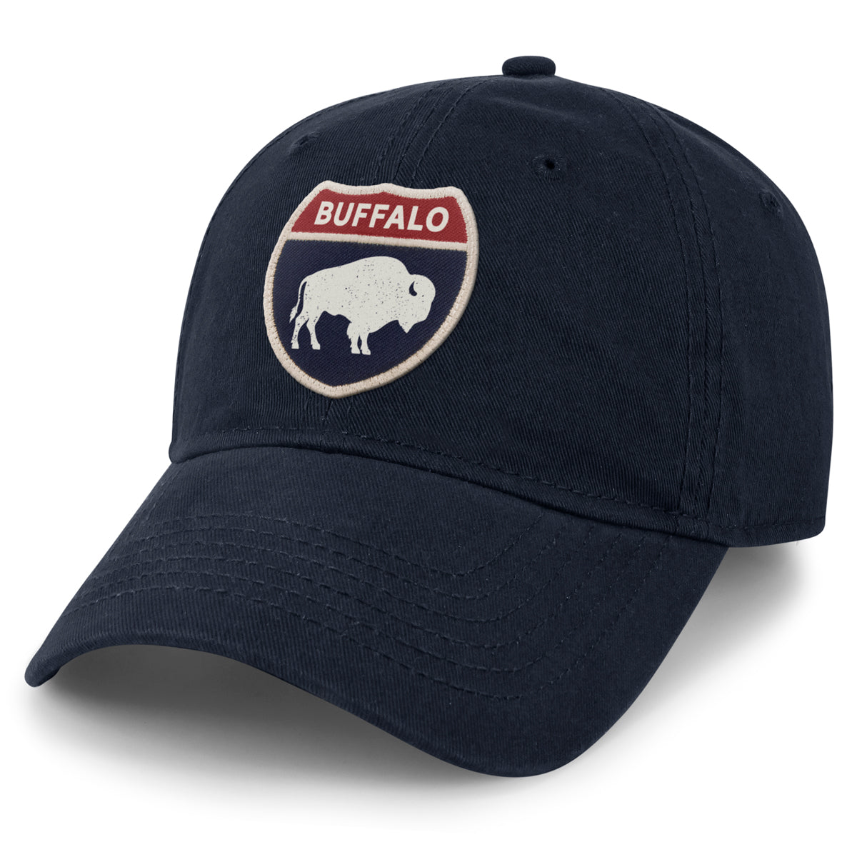 Born Into It Buffalo Interstate Sign Dad Hat featuring a distressed graphic design on a casual hat for men and women.