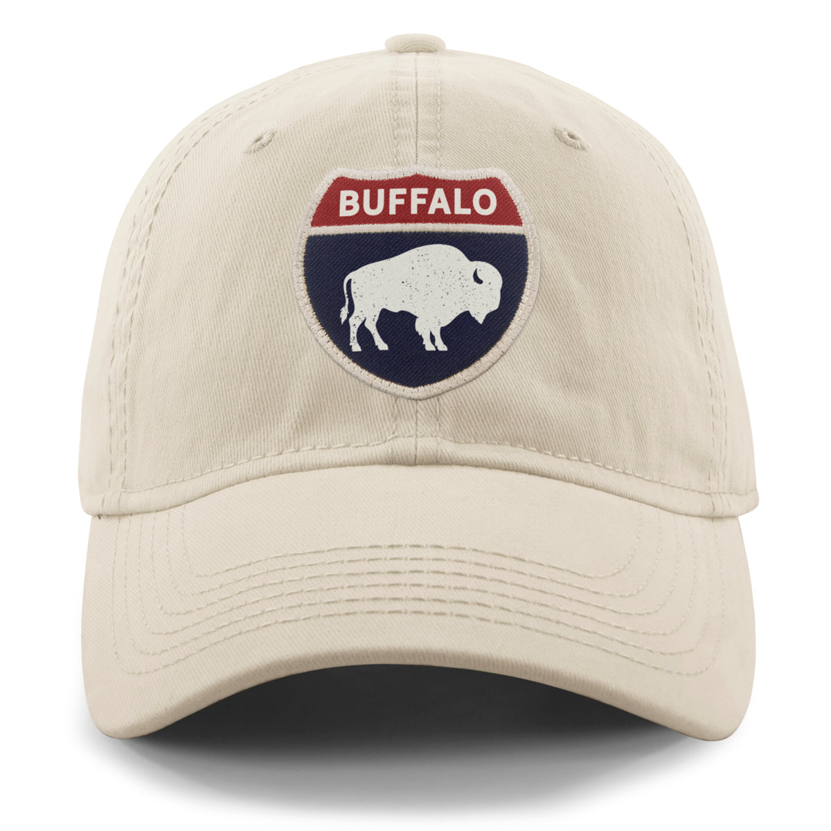 Born Into It Buffalo Interstate Sign Dad Hat, front view, casual baseball cap with printed interstate design and adjustable strap
