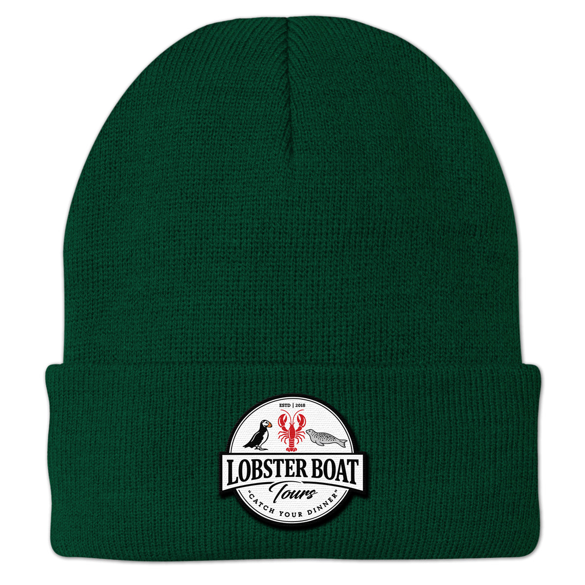 Lobster Boat Tours Logo Cuff Knit in dark green, front view